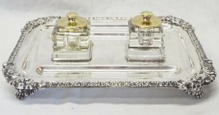 Old Antique Silverplate Inkwell Stand 2 Glass Inkwells W/ Brass Lids Signed C.  S.