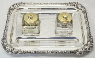 Old Antique Silverplate INKWELL STAND 2 Glass Inkwells w/ Brass Lids SIGNED C.  S. 3