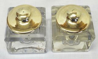 Old Antique Silverplate INKWELL STAND 2 Glass Inkwells w/ Brass Lids SIGNED C.  S. 7