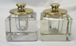 Old Antique Silverplate INKWELL STAND 2 Glass Inkwells w/ Brass Lids SIGNED C.  S. 8
