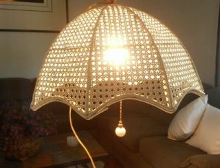 Vintage White Wicker Hanging Ceiling Lamp Light W/pull Ball
