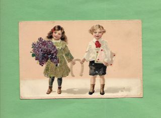 Children,  Flowers,  Horseshoe On Beautifully Embossed Vintage Birthday Postcard