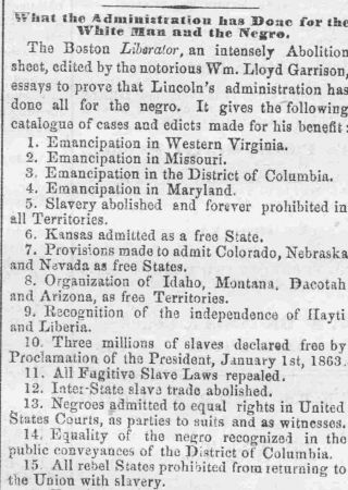 1864 Anti - Lincoln Newspaper Asks What Did He Do For Whites?.  Compared To Blacks?