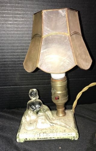 Art Deco Antique Glass Nude Reclined Woman Figural Boudoir Vanity Lamp