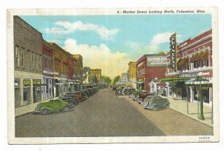 Vintage Mississippi Linen Postcard Market Street Looking North Columbus Princess