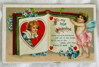 Antique Embossed Victorian Valentine Postcard By Iap - Cherub With Book