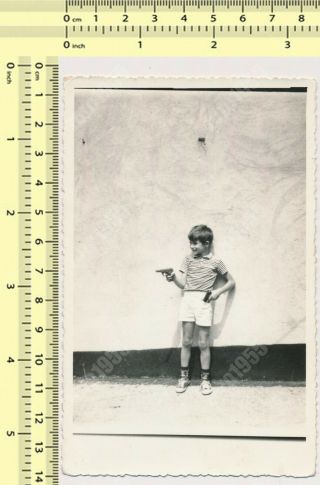 Boy Kid Playing With Toy Gun Revolver Outside - Old Photo Snapshot