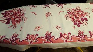 Vintage Tablecloth,  Heavy Linen,  Hot Pink And Maroon Floral,