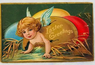 Antique Embossed Victorian Easter Postcard - Cherub Hatching From Colored Eggs