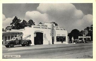 Perry Fl A.  L.  Greene Motors Pontiac Dealer Tow Truck Gulf Gas Station Postcard