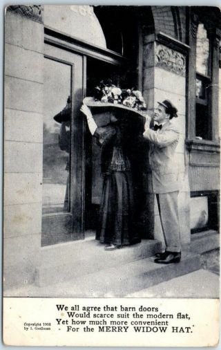 Vintage Merry Widow Hat Comic Postcard Trying To Get In Doorway C1910s