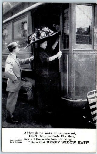 Vintage Merry Widow Hat Comic Postcard Trolley Streetcar Large Hat C1910s