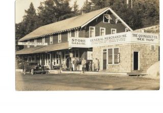 Rppc Real Photo Postcard Quinault Co Gas Station Old Cars People Posing Signs