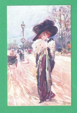 Vintage French Artist Signed Postcard Fashionable Parisian Lady Street Paris