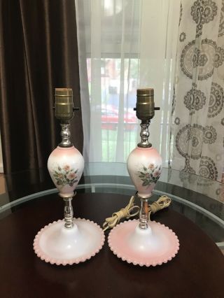 2 Vintage Milk Glass Pink Floral Electric Hurricane Table Lamps 11 " Tall