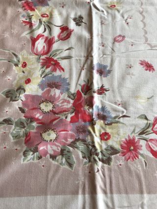 VINTAGE TABLECLOTH Tulips Spring Flowers PRINT PASTEL PINK BLUE 52 X 64 50S 40S 2