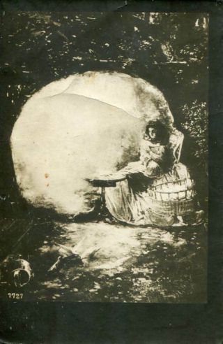 Fine Old Metamorphic Postcard Skull Woman Child