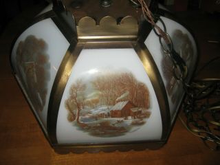 Vintage Hanging Swag Light Fixture Currier And Ives Shade – 6 Panel
