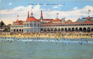 Santa Cruz California 1940s Linen Postcard Casino And Beach
