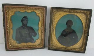 Pair Antique Daguerreotype Photographs Man & Woman Portrait In Victorian Frames