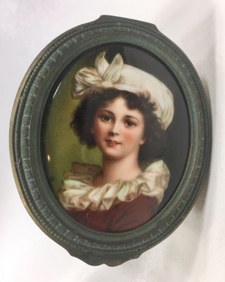 Old Elisabeth Louise Vigée Lebrun Hand Painted Porcelain Lidded Bronze Oval Box