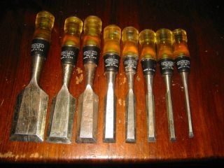 7 Vintage Stanley No.  60 Wood Chisels - Set - Acrylic Handles And Steel Ends