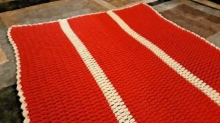 Vintage Hand Crocheted Afghan Throw Blanket W/ Large Red&white Stripes 43 " X 55”