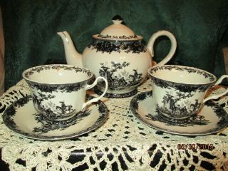 Burton & Burton China Black Toile Tea Set 2 Cups,  2 Saucers And Teapot 2006
