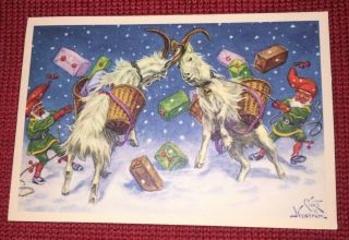Vintage Swedish Mini Postcard Gnomes With Billy Goats Fighting Christmas Snow