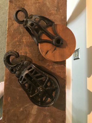 Two Antique/vintage Cast Iron And Wood Pulleys Ornate Rustic Decor