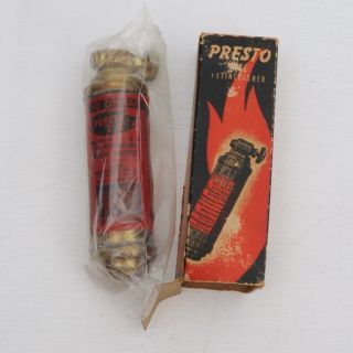 Vintage Nos Presto C B Small Brass Fire Extinguisher And Bag 5.  5 In Tall
