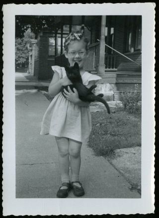 Vintage Photo Little Girl In Hair Curlers Holding Black Cat 1951 Altoona Pa