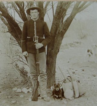 Cabinet Photo Of Spanish American War Soldier With Rifle & His Cute Dog Swipes