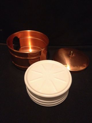Vintage Benjamin Medwin Inc.  Set of 6 White Ceramic Coasters in Copper Container 3