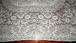 Vtg 60x96 White Rose? And Plume Cotton Quaker Lace Tablecloth W Pique Loops