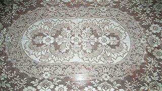 VTG 60X96 WHITE ROSE? AND PLUME COTTON QUAKER LACE TABLECLOTH W PIQUE LOOPS 2
