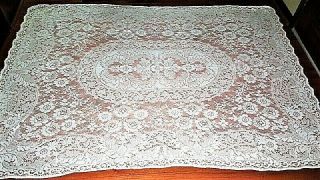 VTG 60X96 WHITE ROSE? AND PLUME COTTON QUAKER LACE TABLECLOTH W PIQUE LOOPS 3