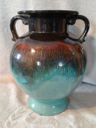 Glazed Aqua Black Copper Colored 12 Inch Vase Stoneware Double Handles