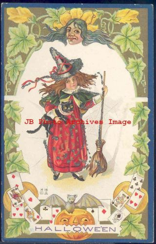 Halloween,  Nash No 16 - 3,  Witch Holding Black Cat & Broom,  Playing Cards,  Glitter