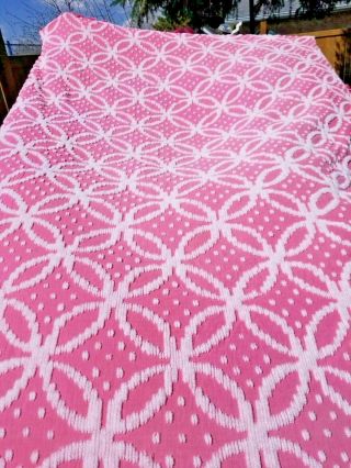 Vintage Pink Wedding Ring Chenille Bedspread 3 Sided Fringe Size 68 X100 Blanket