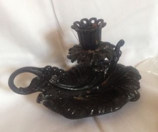Antique Vintage Black Cast Iron Candle Holder With Handle - Leaves Heavy