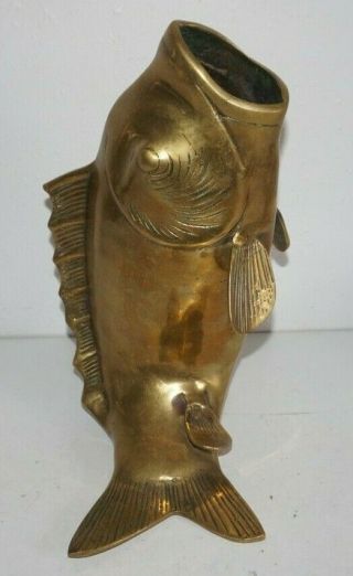Large Brass Wide Mouth Bass Fish Figurine Statue Vase 11 " Tall