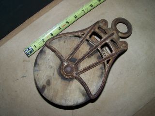 Antique Vintage Cast Iron Wood Wheel Barn Pulley Cage Top Old Steampunk Deco