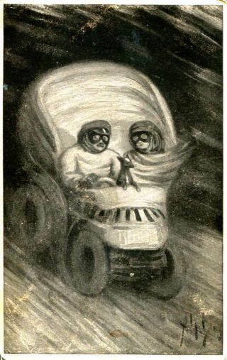 Fine Old Metamorphic Postcard Skull Automobile