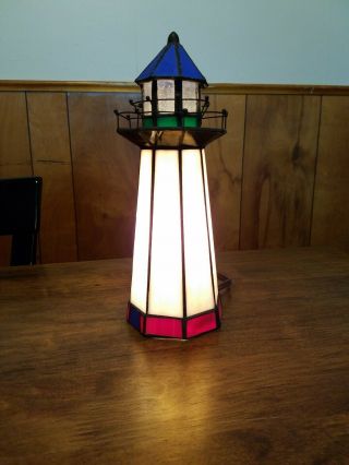 10 " Tiffany Style Stained Glass Lighthouse Accent Table Lamp Night Light