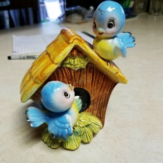 Vintage Precious Lefton Bluebird Porcelain Birdhouse Bank