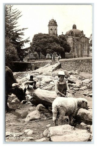 Vintage Postcard Rppc Capilla De Tomacoco Mexico Sheep Shearing Farmers G10