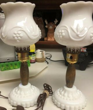 Set Of 2 Vintage Milk Glass Lamps.  Wood Accent.  Pretty 12” Tall