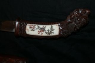 Vintage Chinese Carved Wood Dragon Sword Inlaid Katana Dagger