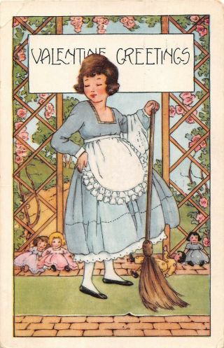 1921 Art Deco Whitney Valentine Postcard Of Girl With Broom Near Dolls By Arbor